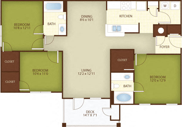 Floor plan for 3 beds, 2 baths, 1220 sqft